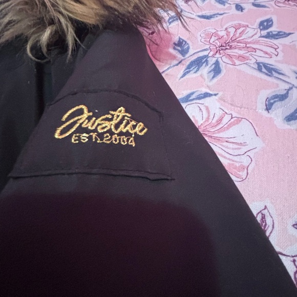 ❄️ Justice Girl's Black Winter Parka Jacket L (12/14) Fur Hood - Picture 2 of 10